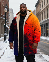 Big & Tall Men's Orange Graffiti Gradient Print Velvet Thickened Long Hooded Coat